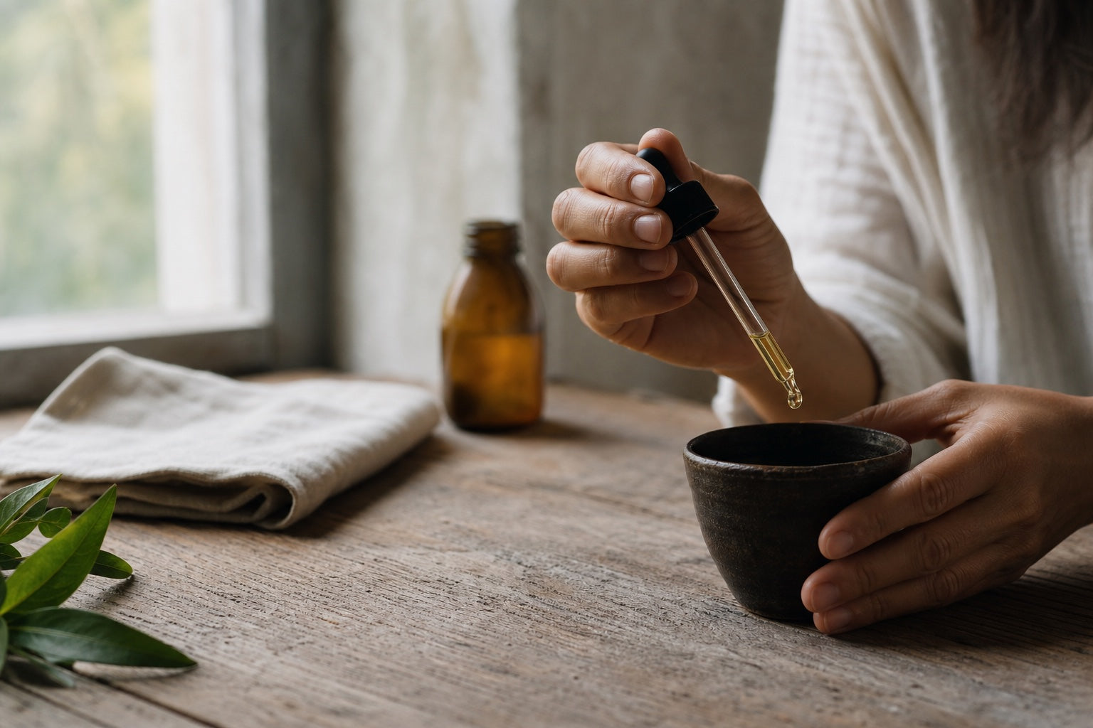 Hands preparing a quiet plant ritual with a dropper and ceramic cup