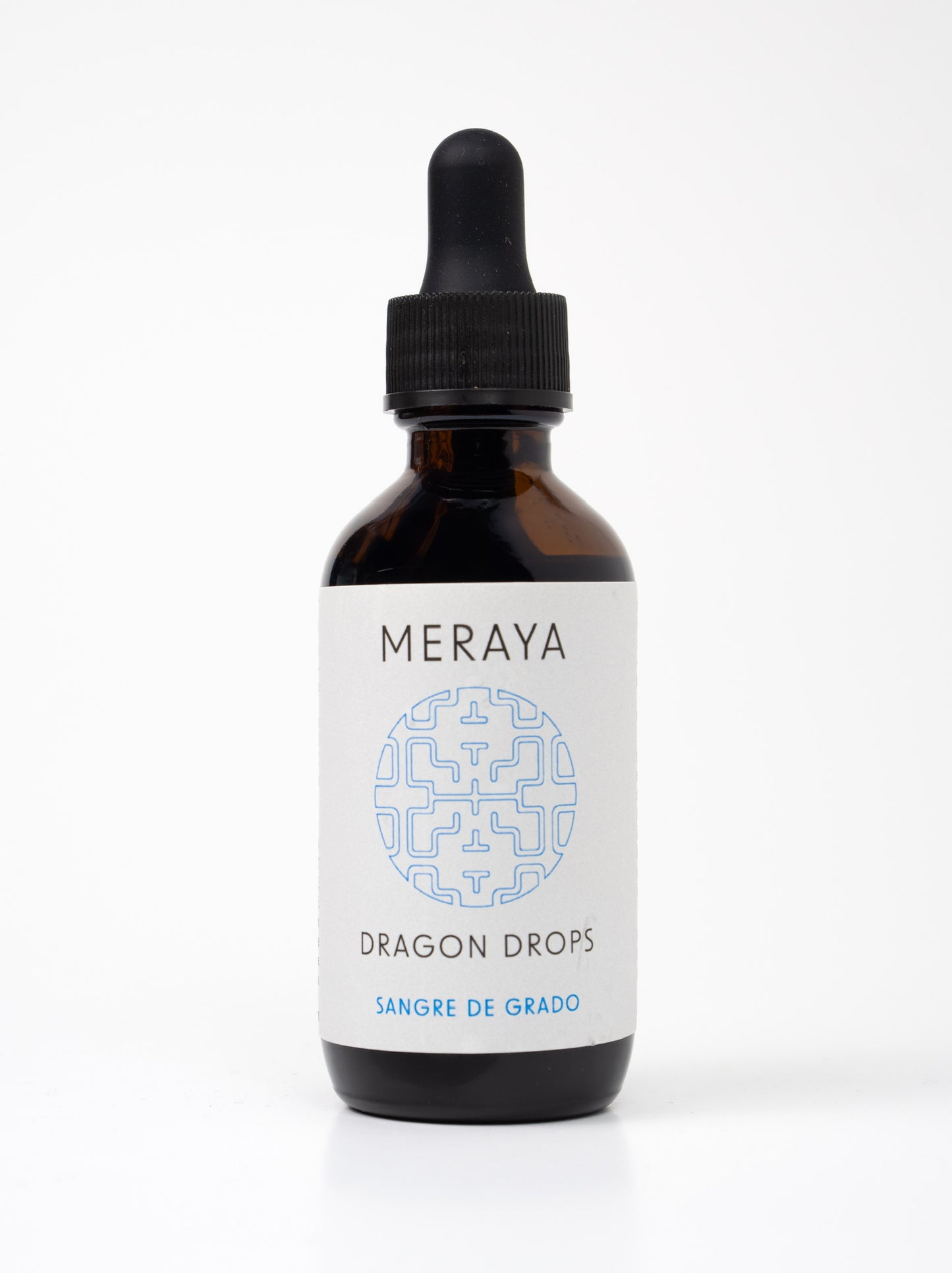A bottle of 'CELLULAR RENEWAL - 100% Sangre de Grado' by Meraya with a dropper, against a white background.