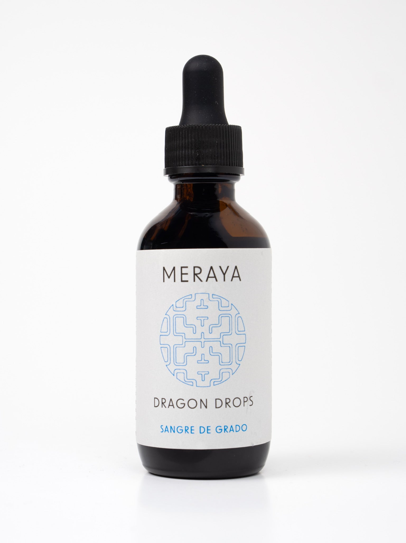A bottle of 'CELLULAR RENEWAL - 100% Sangre de Grado' by Meraya with a dropper, against a white background.