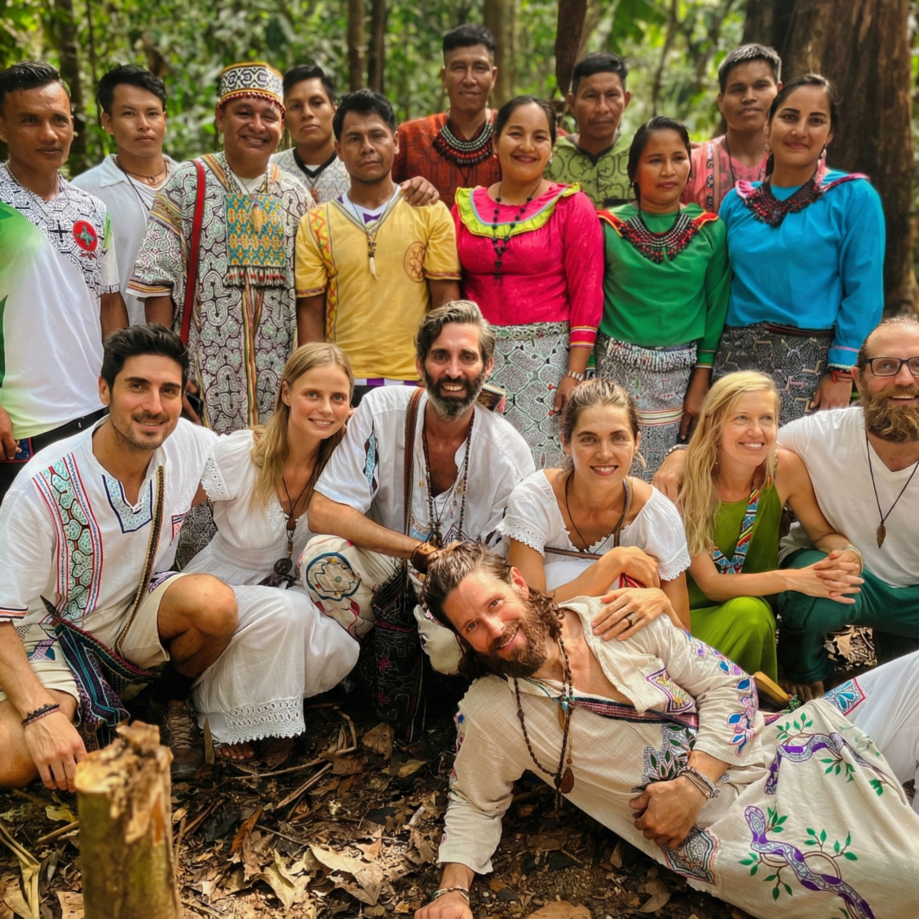 Group of people shipibo canibo posing for a photo in a forest setting