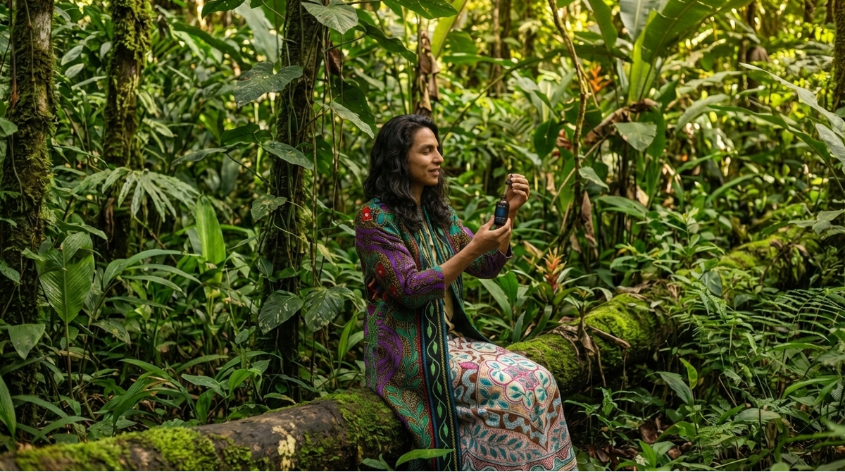 Man sitting on a log in a lush green forest