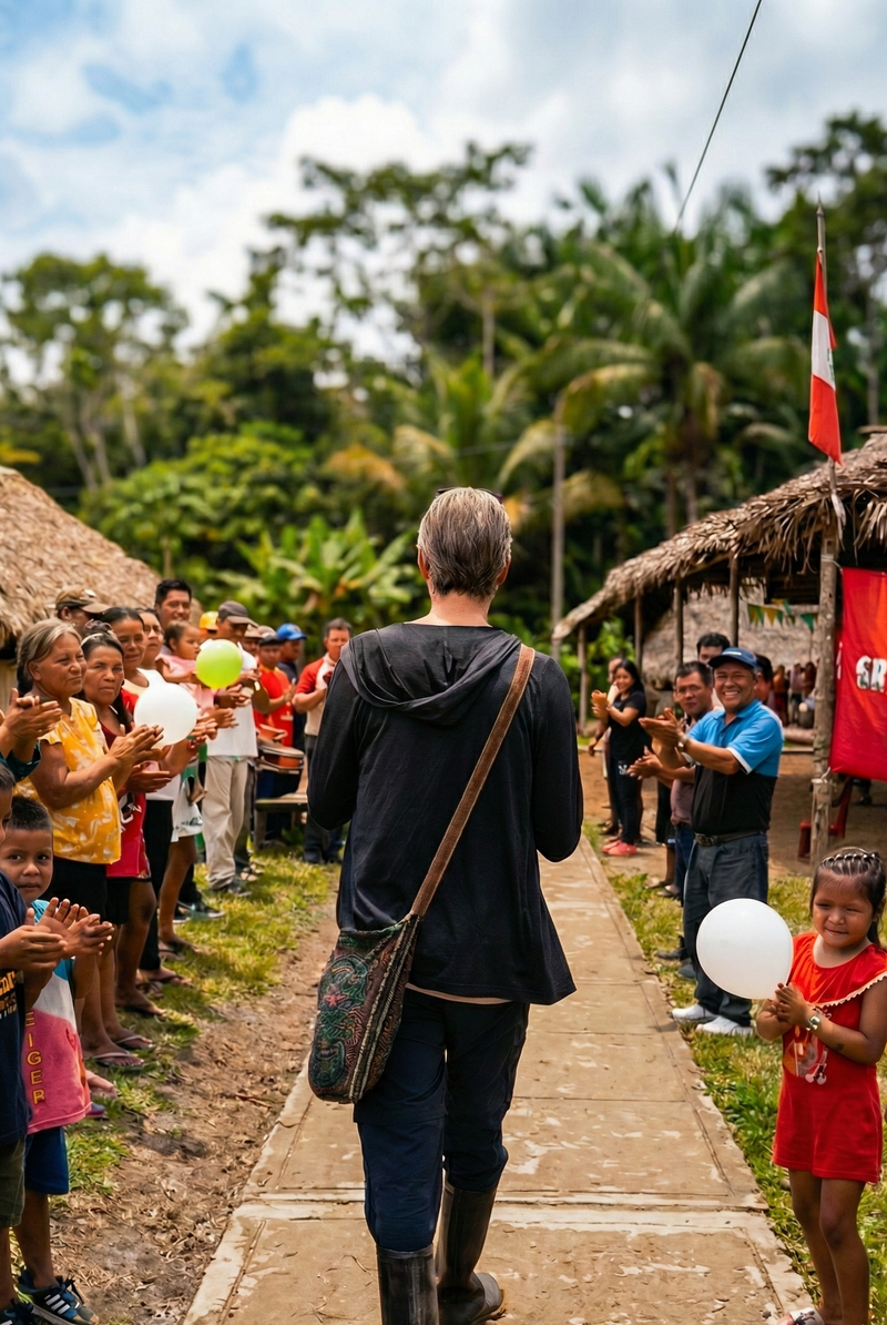 Person walking down a path with people on either side in a tropical setting amazon rainforest