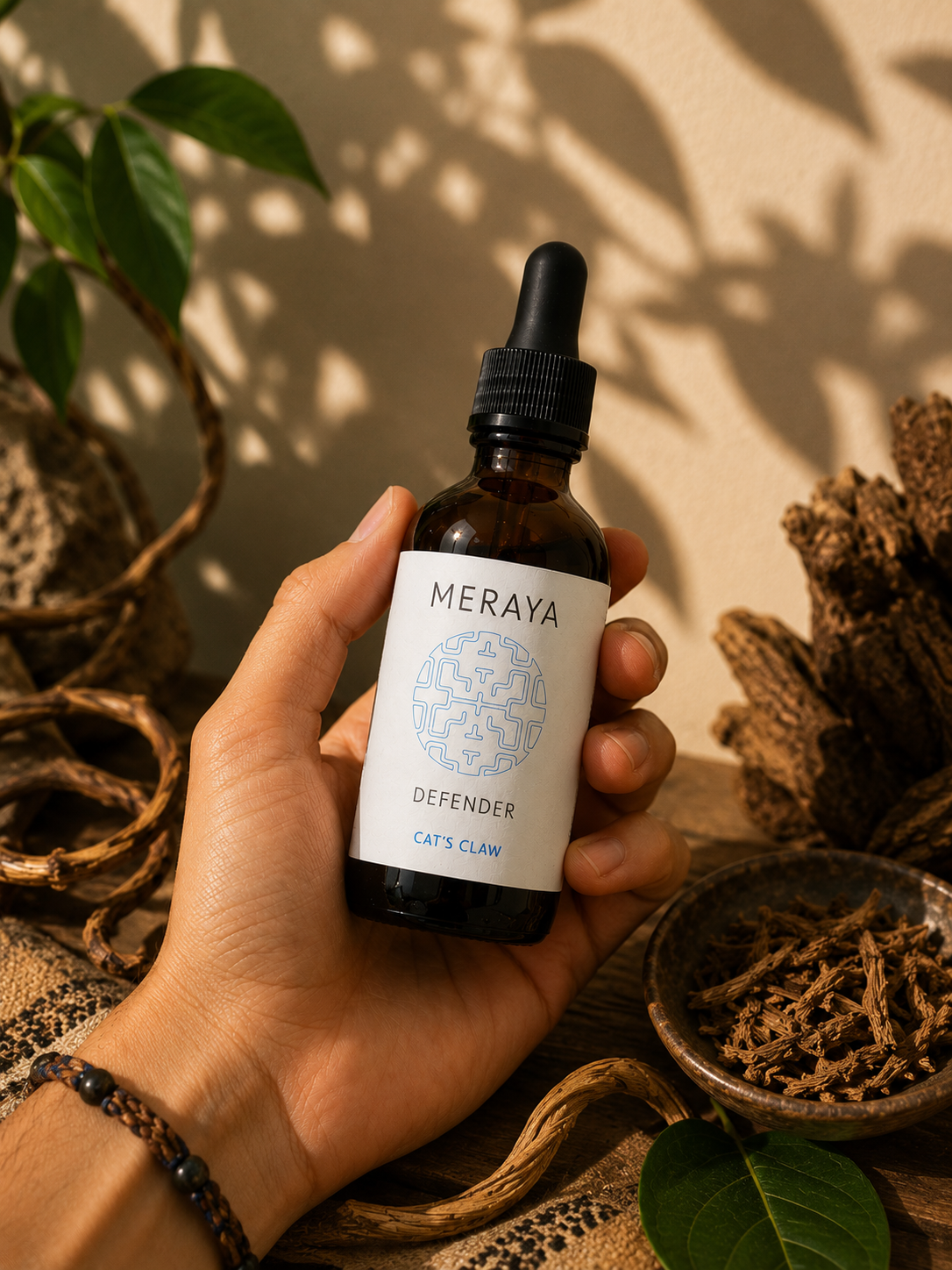 A hand holds a dark amber glass dropper bottle labeled MERAYA DEFENDER CAT'S CLAW, surrounded by natural props like dried herbs, a small bowl, and green leaves against a warm wall with leaf shadows.