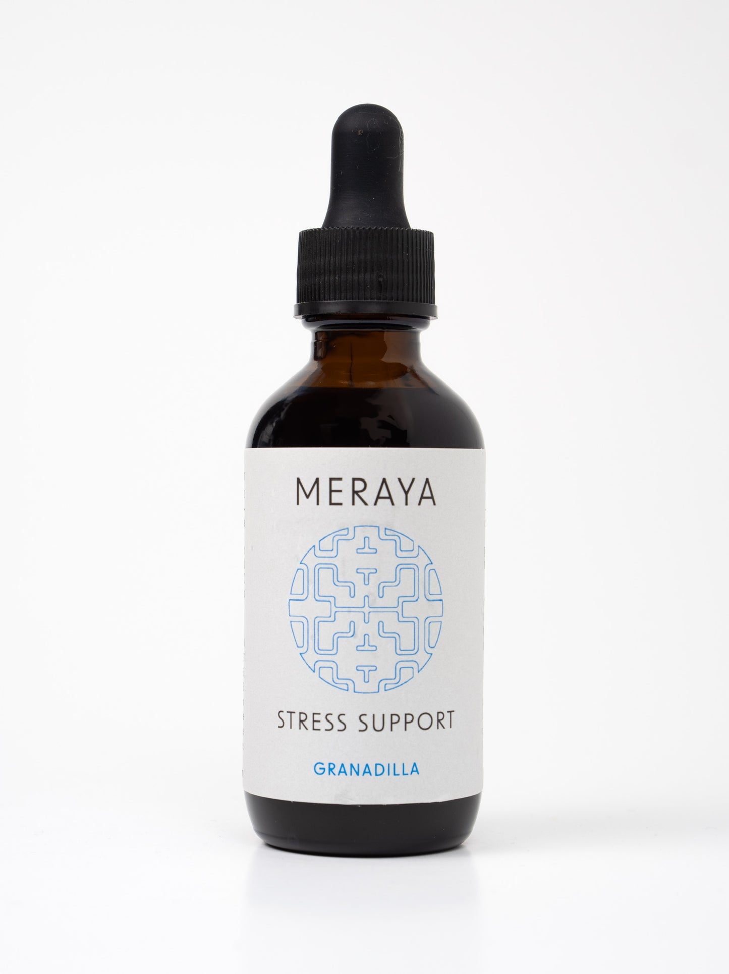 A bottle of Meraya Stress Support tincture granadilla with a dropper, on a white background.