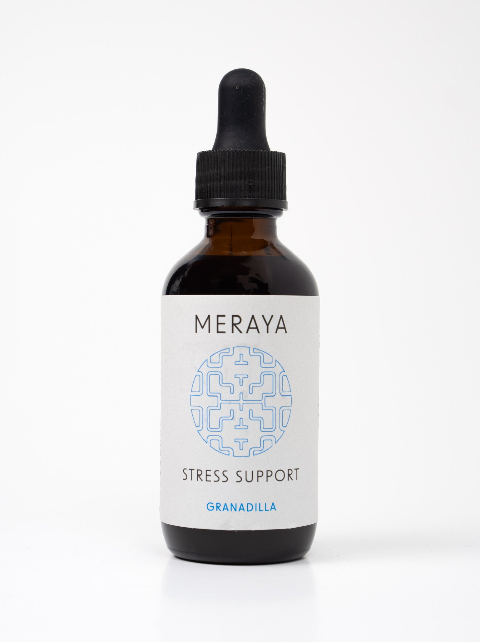 A bottle of Meraya Stress Support tincture granadilla with a dropper, on a white background.